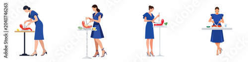Bild auf Leinwand Flat vector illustration set of a woman in a stylish blue dress dining on a whole lobster at a table