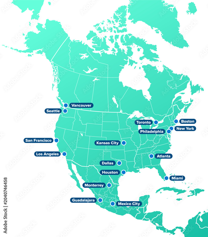 Naklejka premium North America, soccer cities, turquoise political map, with sixteen football cities in Canada, Mexico and the United States, and international country borders. Isolated illustration over white. Vector