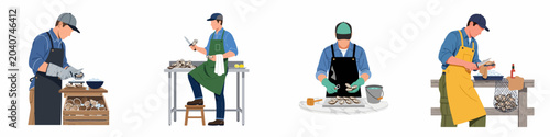 Bild auf Leinwand Set of flat vector illustrations featuring professional men skillfully shucking fresh oysters at various food preparation stations on a white background