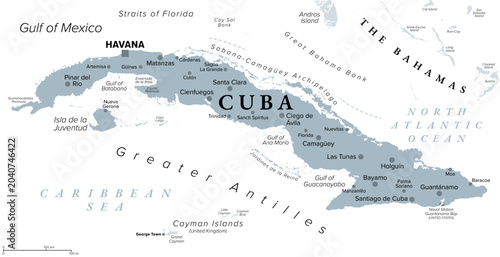 Fényképezés Cuba, gray political map with capital Havana and largest cities