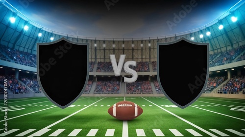 American football stadium with opposing team shields and a ball