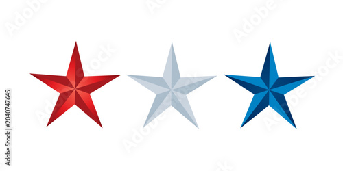 A dynamic set of glossy, three dimensional five pointed stars in red, 