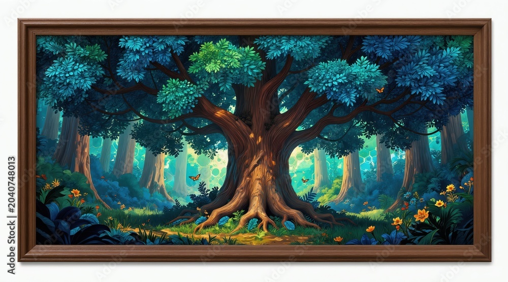 Obraz premium Whimsical forest scene with giant ancient tree. Blue green foliage, glowing light shafts, and small butterflies on forest floor. Lush plant life with yellow flowers.