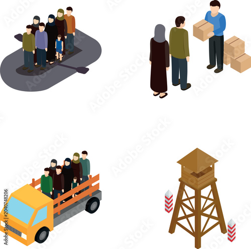 People migrating by boat and truck, receiving assistance, and a border watchtower