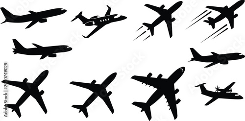 Billede på lærred Commercial Airplane Silhouettes Collection with Passenger Jets Private Aircraft