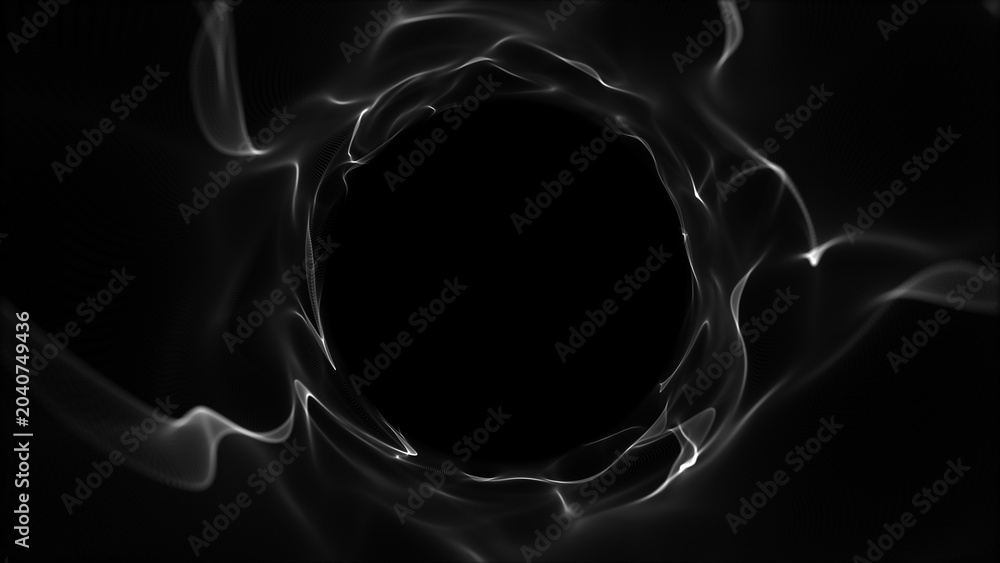 Obraz premium Monochrome energy vortex formed by flowing luminous smoke waves creating circular void with deep perspective. Abstract black cyber tunnel. Black hole portal vortex with soft volumetric light 