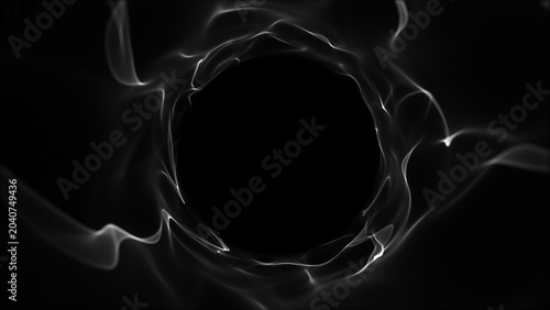 Foto Monochrome energy vortex formed by flowing luminous smoke waves creating circular void with deep perspective