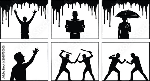Schilderij op canvas Black silhouette vector collection of men in various conceptual poses and action