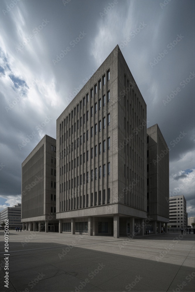 Fototapeta premium A trio of Brutalist-style concrete office buildings stands static in a large open plaza under an overcast sky with wispy clouds.