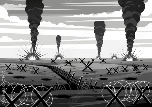 Quadro su tela Smoke rises from explosions in a desolate landscape with barbed wire and destruc