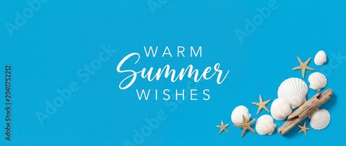 Summer wishes banner with blue background, beach seashells, starfish, and driftwood for holiday greetings postcards, bringing warm tropical vacation vibes and copy space for seasonal card decorations.