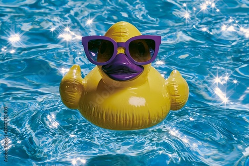 Stylish sunglasses placed on inflatable yellow duck in a bright swimming pool