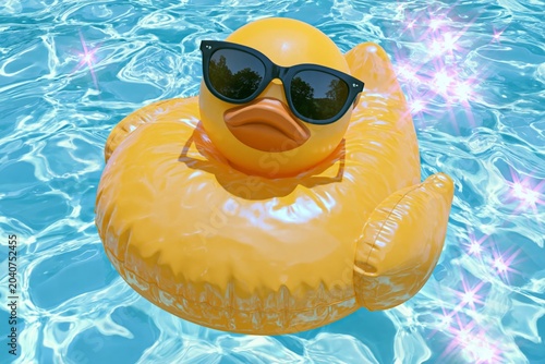 Stylish sunglasses placed on inflatable yellow duck in a bright swimming pool