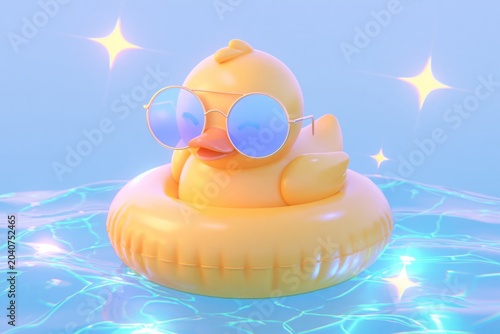 Stylish sunglasses placed on inflatable yellow duck in a bright swimming pool