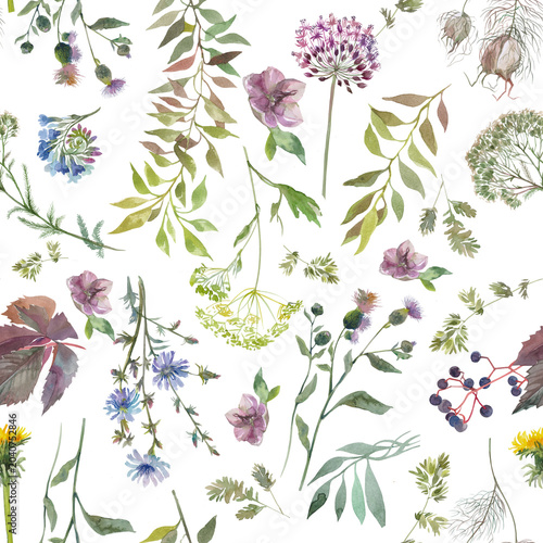 Schilderij op canvas Seamless floral background with food spices and medicinal herbs