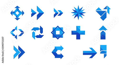 Blue and light blue geometric arrows, stars, and symbols on white background, light-blue