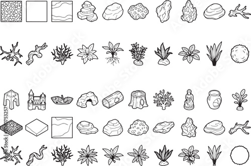 A collection of black and white sketch icons depicts various natural elements, architectural designs, and small creatures, ready for use in graphic design projects.