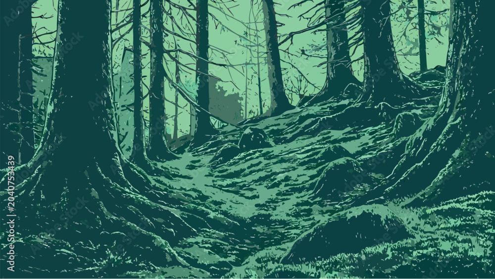 Obraz premium Mystical forest landscape vector illustrations set with enchanted gates, ancient trees, secret paths, and magic crystals