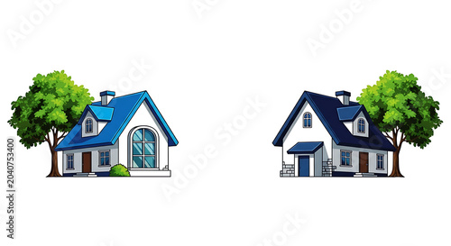 Blue and white victorian style house with bay window and porch, surrounded by green trees