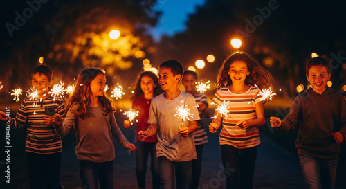 Joyful Diverse Children Running with Glowing Sparklers Outdoors at Night
