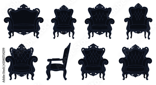 Photos Collection of Vintage Black Armchairs and Thrones on White Background