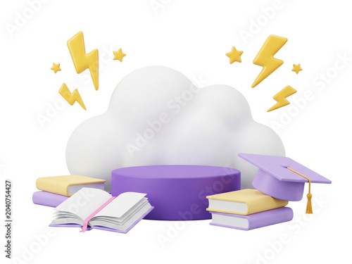 3D Education and Graduation Theme with Podium Books and Creative Cloud
