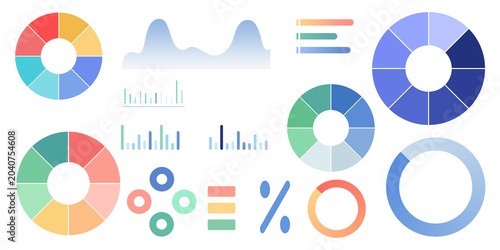 Colorful data visualization set on transparent, donut charts, pie graphs, bar charts, area wave, progress rings, percent icons. Business infographic template.