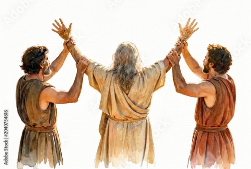 Watercolor illustration of Aaron and Hur holding up the weary arms of Moses. Biblical concept of prayer, teamwork and support. Isolated on a white background with copy space. Generative AI