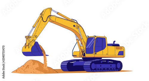 Tableau sur toile Yellow excavator digging sand on a white background
