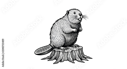 Beaver sitting on a tree stump, black and white drawing, vintage illustration