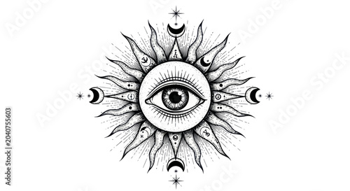 Tableau sur toile Mystical Sun Eye Symbol with Moon Phases and Stars