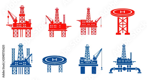 Bild auf Leinwand Offshore Oil Rig Icons: Red and Blue Designs with Heliport