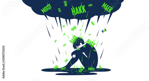 Tableau sur toile Sad Person Crying Under Dark Cloud with Words Falling