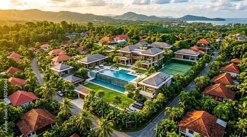 Villas with Pool and Tennis Court in Tropical Landscape View