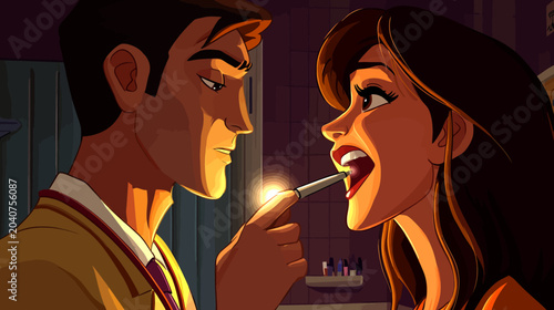 Illustration of a dark-haired woman being given a tongue piercing by a man with dark hair in a dim-lit room