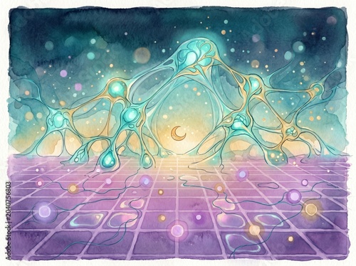 Abstract Technology Grid Featuring Connected Data Nodes and Smart Network Visualization Under Starry Sky