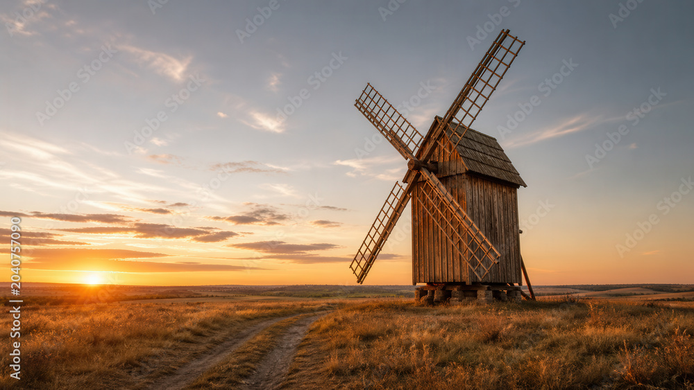 Obraz premium Rustic Wooden Windmill In Countryside At Sunset
