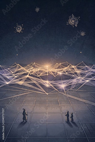 Futuristic Digital Network Landscape with Glowing Data Connections and Artificial Intelligence Technology Background
