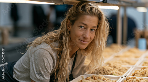 Endurance coach reviews a athlete plant-based meal prep system where forty identical containers hold calibrated servings of quinoa, roasted chickpeas and steamed broccoli across a stainless steel ki