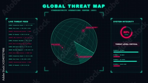 Global cybersecurity threat detector network hacking dashboard animation