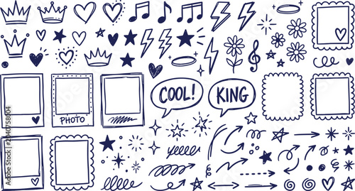 Hand drawn cute doodle element set with polaroid photo frames crowns stars arrows speech bubbles hearts flowers music notes vector illustration