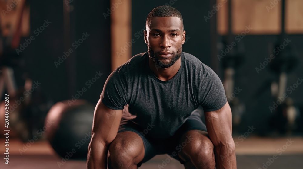 Fototapeta premium Muscular Black man in gym wear performing a weighted lunge exercise