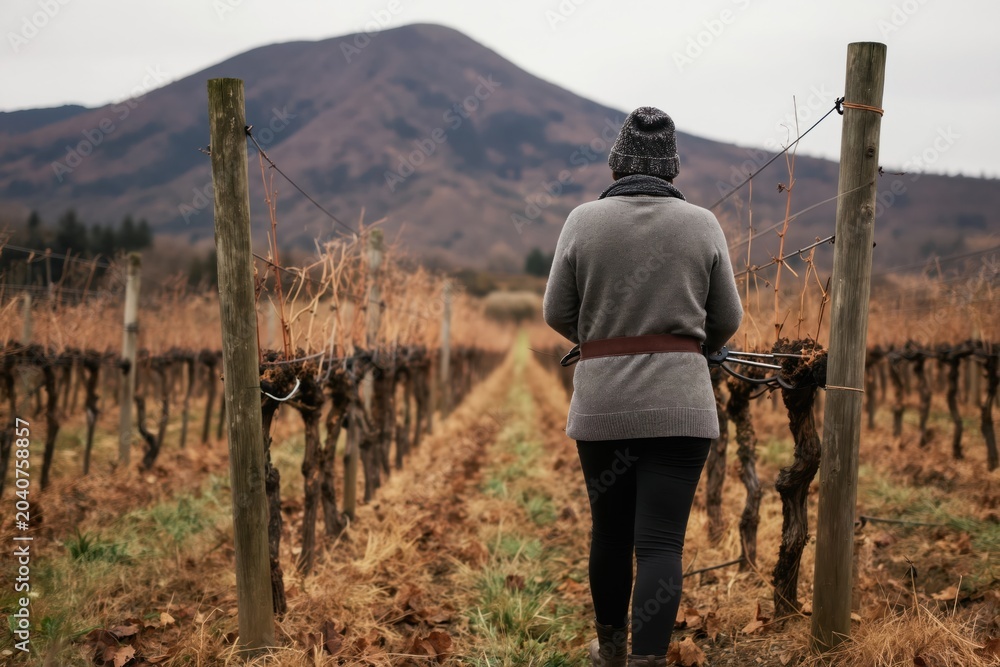 Fototapeta premium Farmer works in vineyard during autumn season. Person prunes dry vine branches with shears. Rural landscape with mountain backdrop, overcast sky.