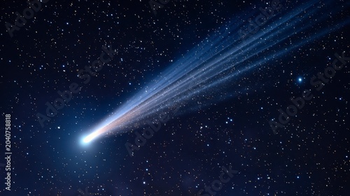 A bright comet streaks across the dark starry night sky with a glowing tail