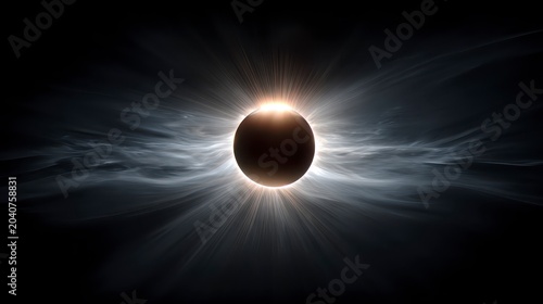 Solar eclipse with sun rays shining around a dark celestial body in space