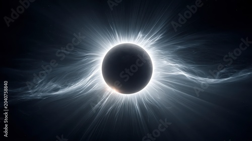 Solar eclipse with sun rays shining around a dark celestial body in space