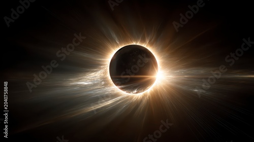 Solar eclipse with sun rays shining around a dark celestial body in space