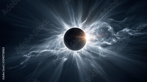Solar eclipse with sun rays shining around a dark celestial body in space