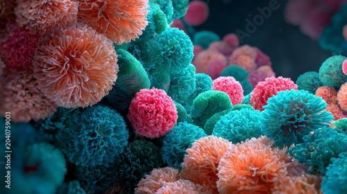 Colorful microscopic view of various cells and microorganisms on dark background