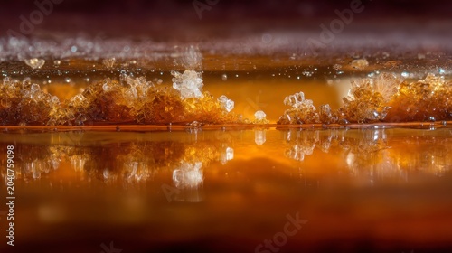 Brown sugar crystals on a reflective surface with warm lighting effects